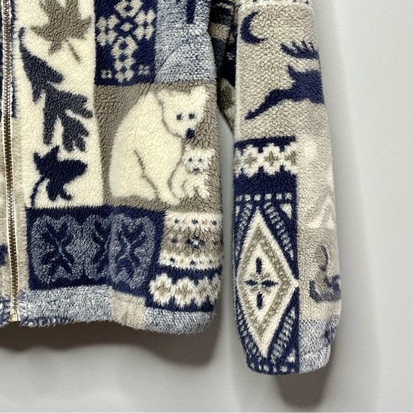 Vintage 90s Northern Teddy Sherpa Fleece Zip Up Print Sweater Jacket  L - Picture 3 of 6